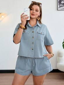 SHEIN CURVE+ Plus Size Women's Summer Light Blue Denim 2-Piece Set,Smart Casual Formal Flap Pocket Shirt Drawstring Waist Shorts,Vacation Beach Country Concert - Light Wash - View 8