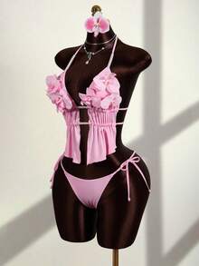 Zestiva Conjunto de biquíni feminino sexy com alças finas, costas nuas, estampa floral 3D e miçangas, ideal para férias de verão na praia. - Rosa - Ver 6