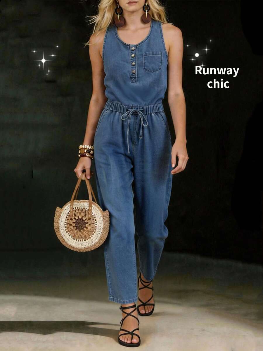 Bộ jumpsuit denim nữ kiểu dáng thường ngày, có dây rút ở eo, thích hợp cho kỳ nghỉ và đi làm. - Rửa tối - Xem 1
