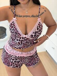 ZzzCrew Sexy Leopard Print Comfortable Lace Trim Bow Camisole & Shorts Sleepwear Set, Plus Size - Pink - View 6