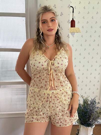 CottageSlumber Sexy Lace Hollow-Out Floral Camisole Pajama Set