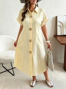 Ceyna Plus Size Women's White Summer Holiday Tea Party Holiday Striped Shirt Dress,Starfish Metal Button Double Placket Raglan Sleeve Asymmetric Hem Maxi - Multicolor - View 5