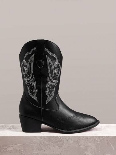Styleloop Bốt nữ Gothic Punk thêu trắng cổ bướm cắt chữ V phong cách Western cao đến bắp chân gót dày, Halloween