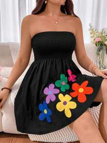 SHEIN Clasi Plus Size Women Floral Print Strapless Dress, Vacation - Multicolor - View 6