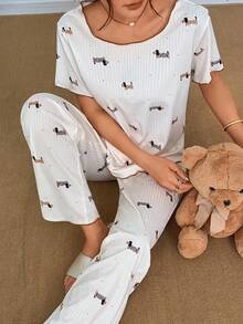 Dream Adore Cute Puppy Print Knitted Jacquard Trim Short Sleeve & Pants 2 Pieces Pajama Set - Multicolor - View 5