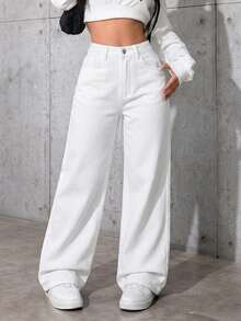 Teen Girl Y2K Casual Washed Retro Washed Mid-Waist Baggy Denim Straight Leg Jeans, Boyfriend Jeans, Halloween ,Fall ,Christmas Pants, Fall Winter Back To School Homecoming Jeans, Streetwear Vintage ,Comfortable And Versatile, For 13-16 Years Old Girls, Suitable For School, Home And Travel - White - View 5
