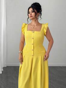 Elenzga Plus Size Women's Yellow Elegant Square Neck Puff Sleeve Pearl Button Ruched A-Line Maxi Dress,Summer Wedding Formal Formal Guest Gown - Yellow - View 6
