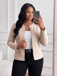 SHEIN Lady CURVE Áo khoác da lộn màu đen cỡ lớn cho nữ, thanh lịch cho trang phục đi làm hàng ngày và công sở - Màu be - Xem 1