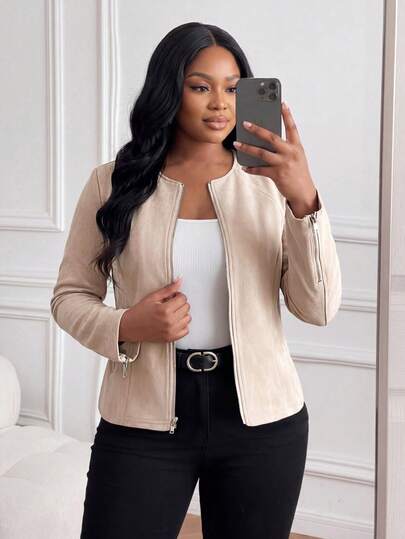 SHEIN Lady CURVE Áo khoác da lộn màu đen cỡ lớn cho nữ, thanh lịch cho trang phục đi làm hàng ngày và công sở