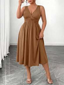 Rometta Plus Size Black V-Neck Waist Pleated Knit Dress - Khaki - View 3
