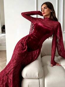 Elenzga Đầm nhung dài tay phối ren kiểu Pháp, đầm dự tiệc thanh lịch. - Màu Đỏ Sâu - Xem 4