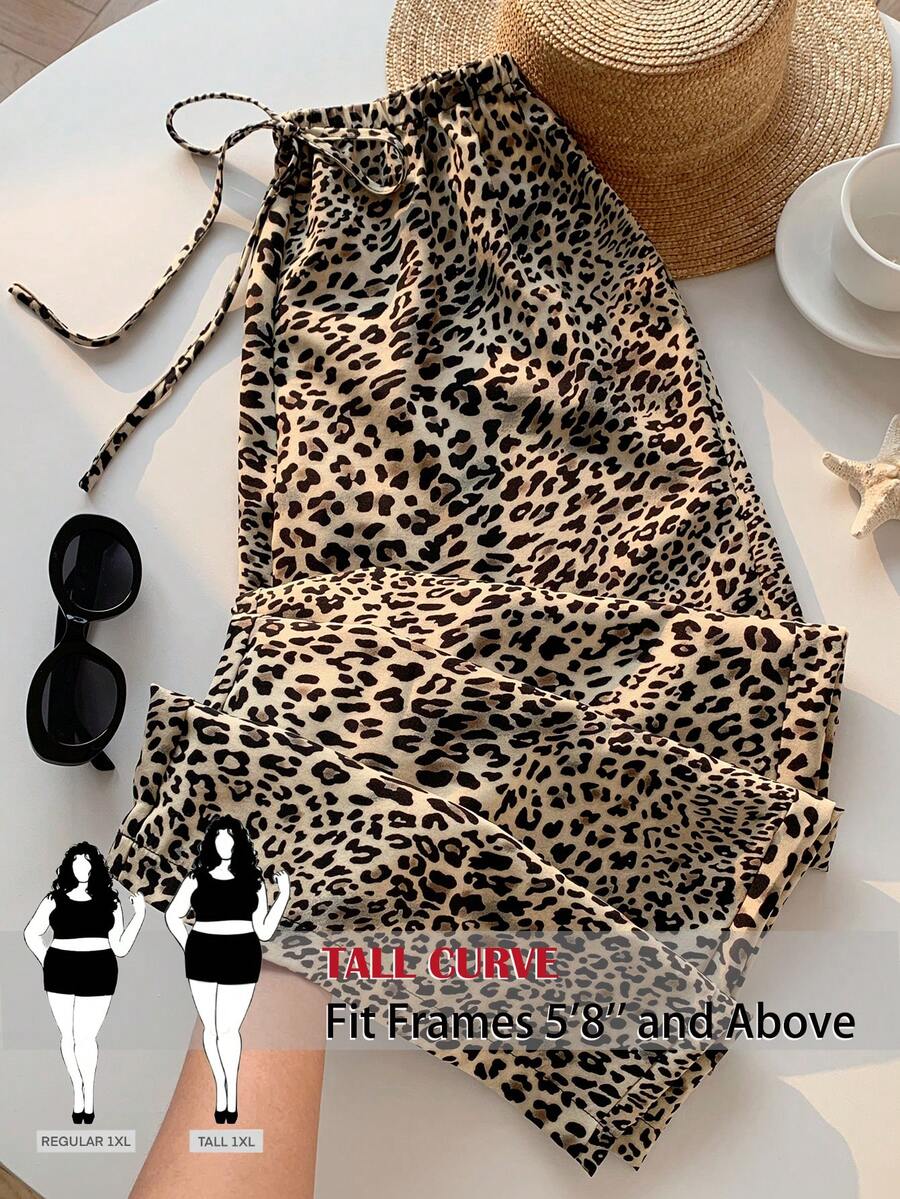 SHEIN Tall CURVE CURVE 大尺碼女款豹紋寬腿褲,夏季波希米亞海灘度假風,高腰抽繩寬鬆休閒度假褲 - 藏蓝色 - 查看 1