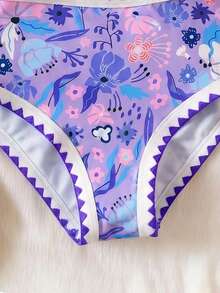 SHEIN Traje de baño de una pieza con diseño tropical floral asimétrico para niñas preadolescentes, con diseño de corte asimétrico con forro, modesto y cómodo, con estilo hawaiano y de moda, adecuado para nadar, piscina, surf, vacaciones, fiestas, playa - Morado - Ver 3