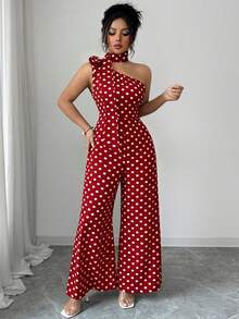 GlowEve CURVE Plus Size Women's Elegant Black & White Polka Dot Asymmetrical Shoulder Jumpsuit, Suitable For Commuting, Spring/Summer - Red - View 6