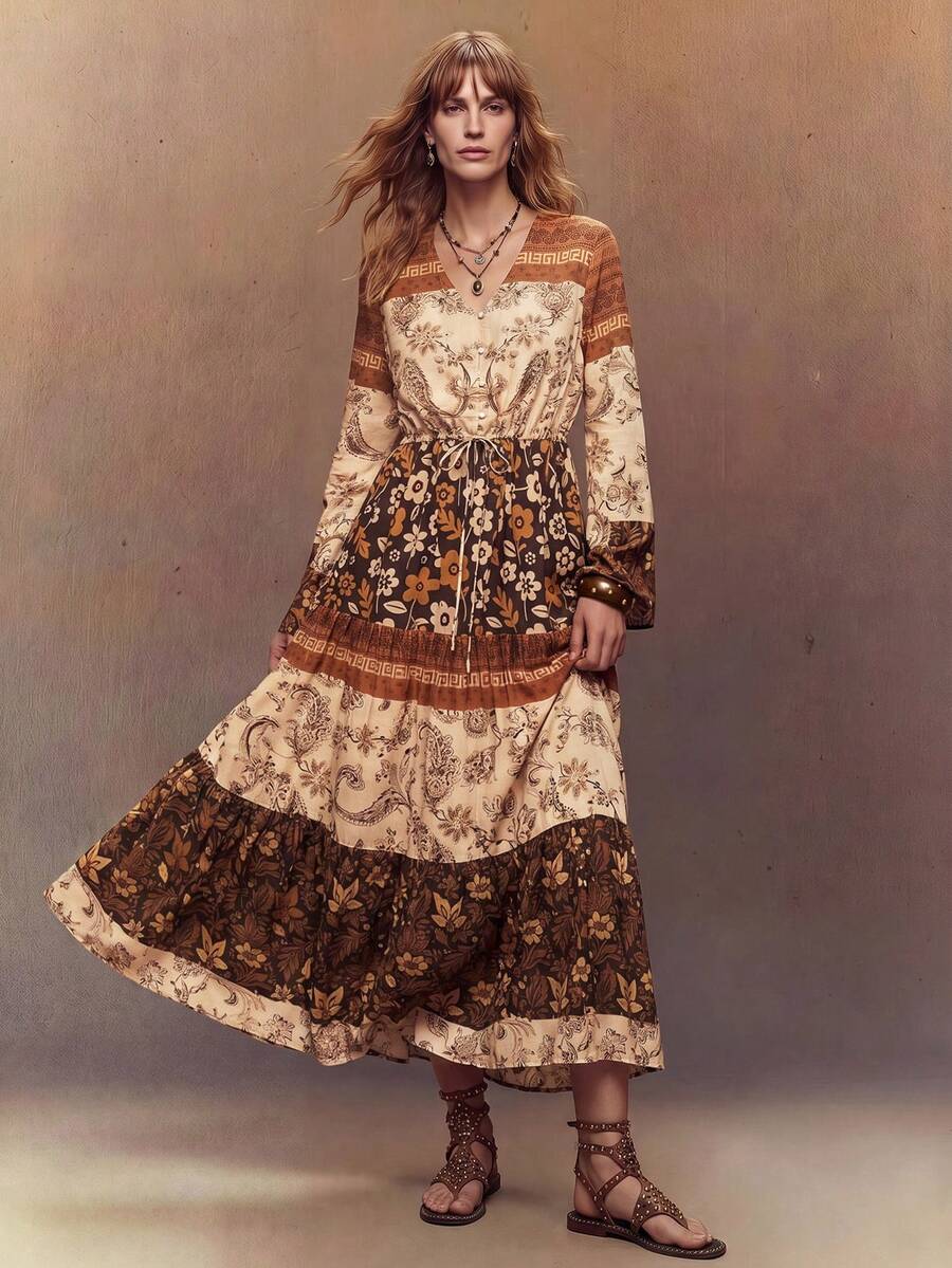 Fembélia Đầm kiểu Bohemian phối nhiều mảnh, đầm đi nghỉ mát cổ chữ V dáng rộng. - Nhiều màu - Xem 1