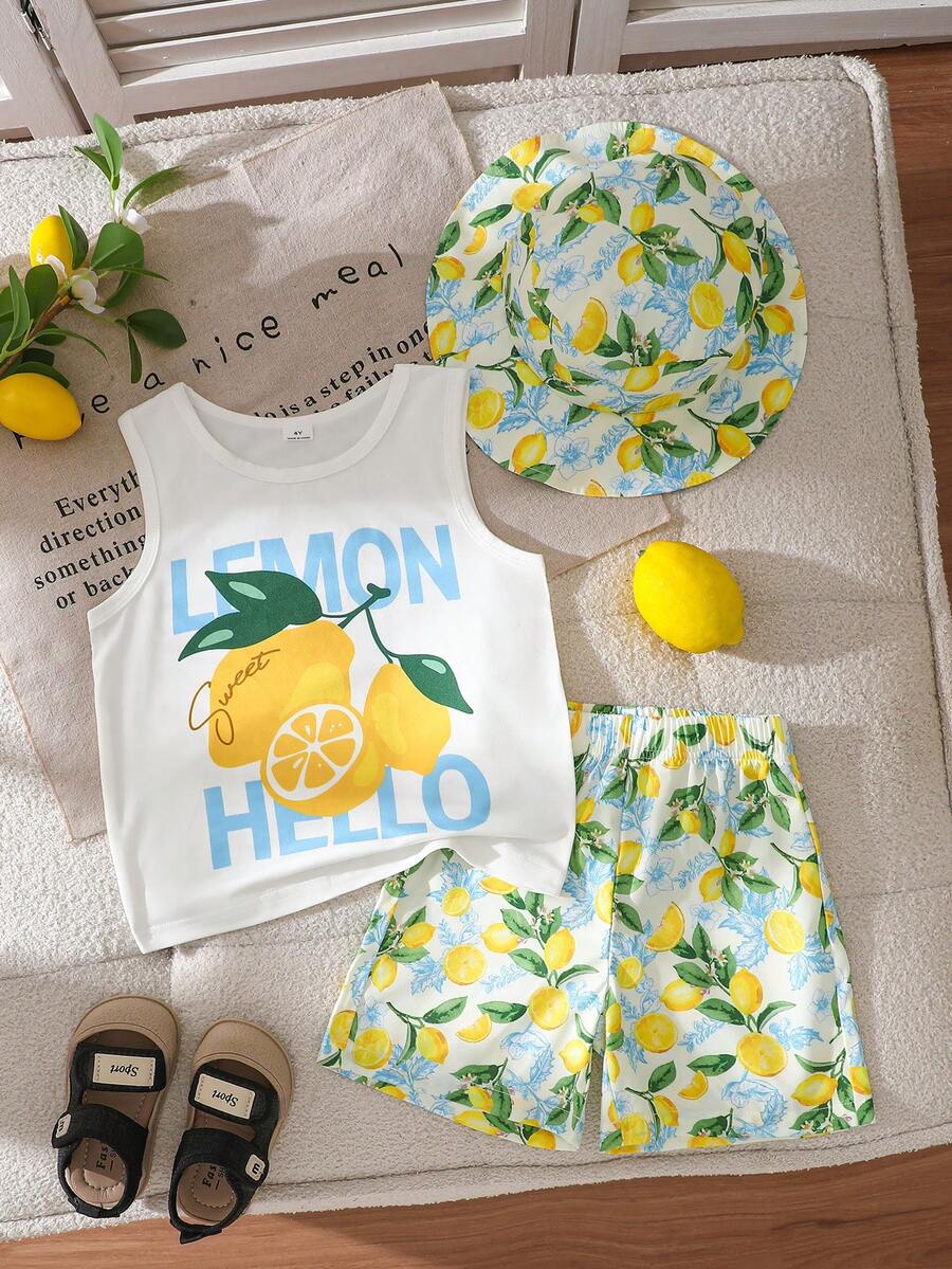 SHEIN Bộ đồ đi biển mùa hè 3 món cho bé trai | Áo tank top trắng không tay kiểu Hawaii cho bé trai/bé gái + Quần short in hình cây cọ màu xanh dương "SUMMER TIME" + Mũ chống nắng cùng màu | Áo khoác ngoài đồ bơi đi biển | Trang phục chơi nước | Bộ đồ ngoài trời cho bé 4-7 tuổi | Bộ quần short và mũ thoải mái cho chuyến đi biển gia đình | Trang phục mùa hè mát mẻ - Nhiều màu - Xem 1
