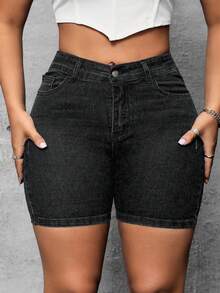 SHEIN SXY Shorts vaqueros de talla grande, ajuste ceñido casual, primavera/verano - Gris Claro - Ver 5