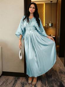 Modelyn New Arrival Waist Ruched Elegant Rhinestone Decor Romantic Luxurious Banquet Light Formal Dress, Graceful - Baby Blue - View 2