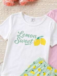 4pcs/Set Teen Girl Snug Fit Pajama Set,Lemon & Cherry Fruit Print,Green And White,Summer,Cute,Family Matching,Round Neck Short Sleeve Shorts Pajamas - Multicolor - View 4