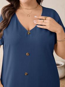 SHEIN Essnce Plus-Size Women's Dark Blue,Summer,Boho,Vacation,Holiday Casual Loose V-Neck Long Dress With Pockets,Everyday Versatile Simple Style Outfits - Navy Blue - View 4