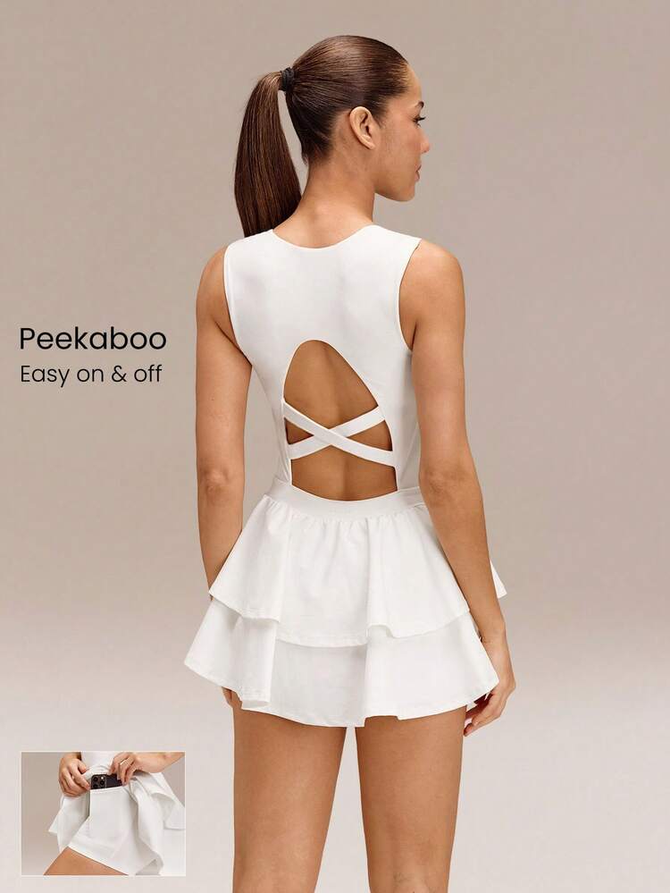 Game On Buttery-Soft Quick-Dry Removable Cups Built-In Shorts Side Pockets Squareneck Cutout Back Tiered Tennis Dress Golf Pickleball Workout Gym Daily Casual Wear