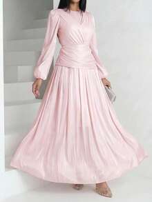 Veilorie Đầm dài tay bồng bềnh bằng vải sa tanh thanh lịch dành cho nữ - Hồng - Xem 3