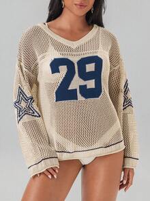 Swim EVENT Women's Oversized Streetwear Beige Numeric Print Star Knit Cover Up, Retro Contrast Color V-Neck Hollow Mesh Knit Cover Up For Beach Summer - Multicolor - View 7