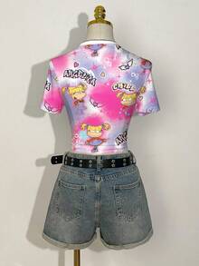 Nick 90s | SHEIN Women's Casual Y2k Fashionable Daily Commute Everyday Funny Hot Pink Printed Short Sleeve Fitted Cropped T-Shirt, Summer - White - View 2