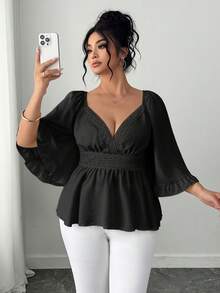 Elenzga Áo kiểu nữ cỡ lớn màu trơn cổ tim ren tan trong nước tay loe hở lưng nơ dáng chữ A thời trang thanh lịch kiểu Pháp lãng mạn thường ngày đi nghỉ mát du lịch hẹn hò đi biển mùa xuân hè - màu đen - Xem 1