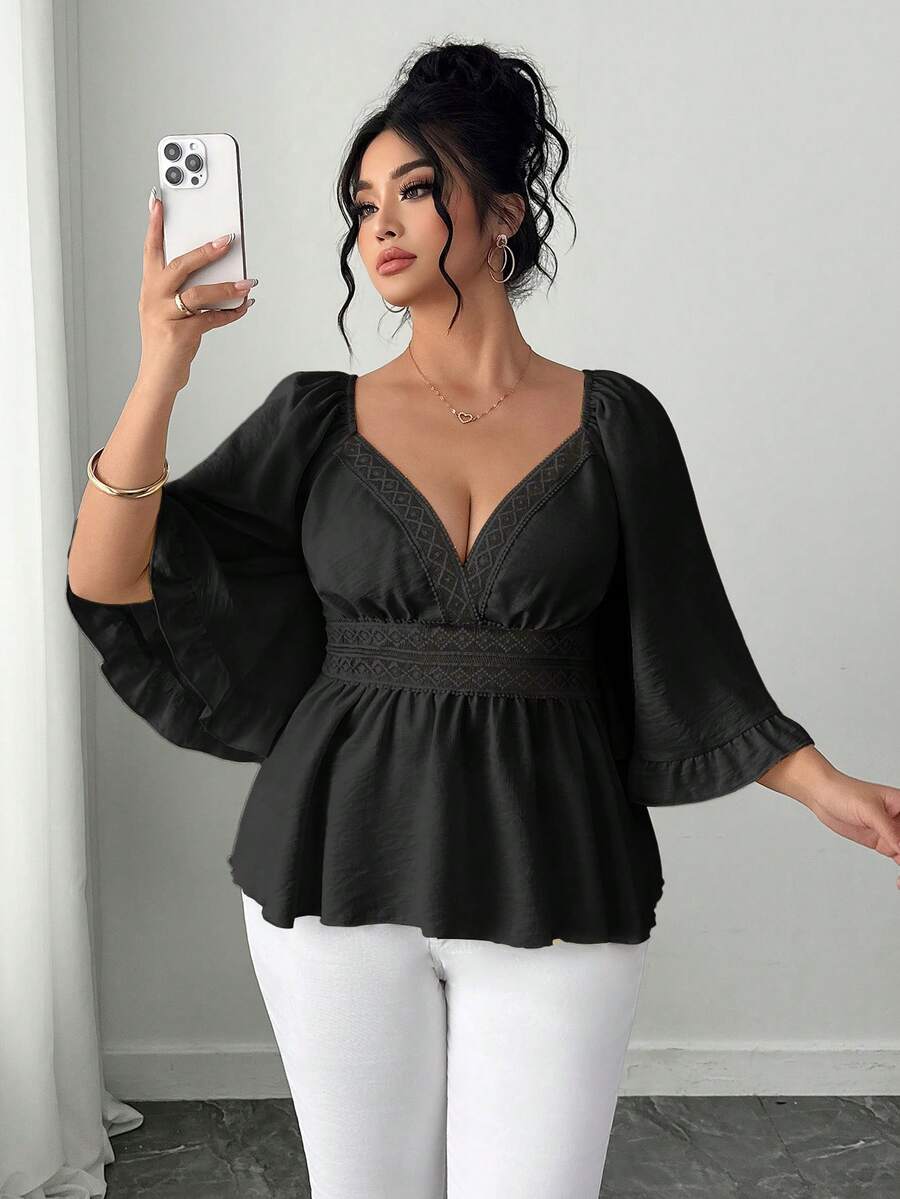 Elenzga Áo kiểu nữ cỡ lớn màu trơn cổ tim ren tan trong nước tay loe hở lưng nơ dáng chữ A thời trang thanh lịch kiểu Pháp lãng mạn thường ngày đi nghỉ mát du lịch hẹn hò đi biển mùa xuân hè - màu đen - Xem 1