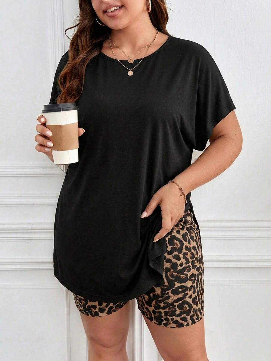 SHEIN Frenchy Plus Size Women Casual Solid Color Round Neck Short Sleeve T-Shirt And Leopard Print Shorts Set - Multicolor - View 1