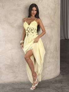 Aloruh Đầm chiffon ôm dáng thanh lịch dành cho nữ, viền ren tan trong nước, màu vàng nhạt. - Vàng nhạt - Xem 6