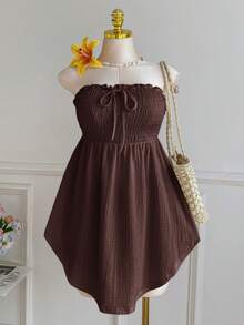 Comfortcana Plus Size Asymmetric Hem Lace Trim Sleeveless Tie Front Ruffle Blouse, Spring/Summer - Brown - View 3