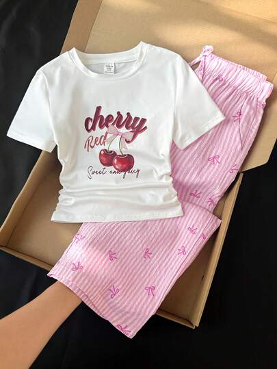 SHEIN ティーンガール チェリー柄 ラウンドネック 半袖Tシャツ ピンクリボン ストライプ ワイドレッグパンツ セット、カジュアル デイリー 学校 休暇 アウトフィット
