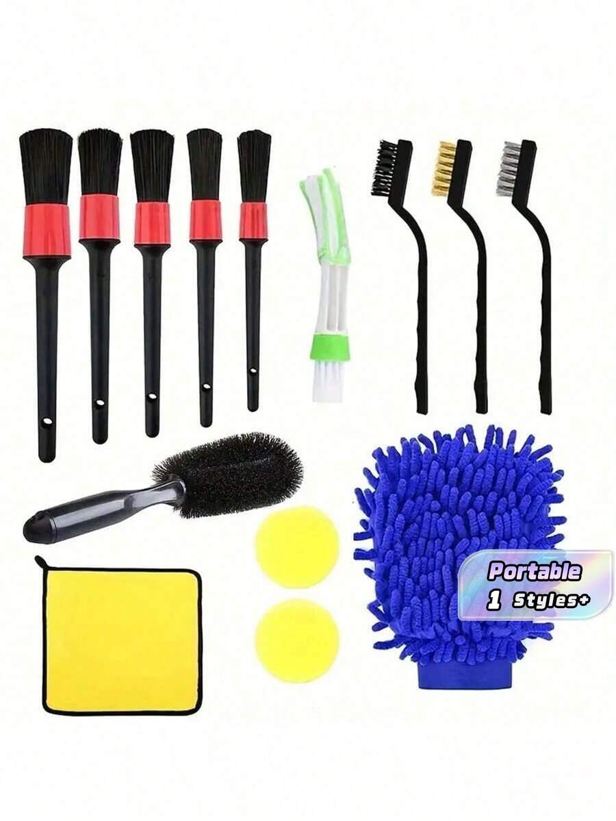 Multifunctional Car Detailing Kit, Car Cleaning Brush Set With Wheel Brushes, Air Vent Brush, Buffing Sponge Pads, Washing Mitt, And Cleaning Cloth - Set of 14 - View 1