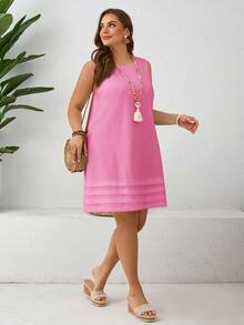EMERY ROSE Plus Size Women Solid Color Round Neck Casual Summer Dress - Hot Pink - View 6