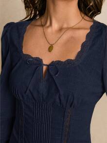 Poéselle Women's Elegant Solid Color Contrast Lace Twist Collar Lantern Sleeve Blouse - Navy Blue - View 3