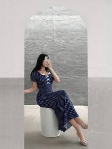 Feyla Vestido de fiesta midi elegante con cintura ceñida y decoración de lazo con lunares para mujer - Azul Marino - Ver 4
