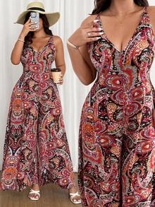 Ceyna Plus Size V-Neck Printed Sleeveless Wide Leg Jumpsuit With Invisible Zipper At Back - Multicolor - View 1
