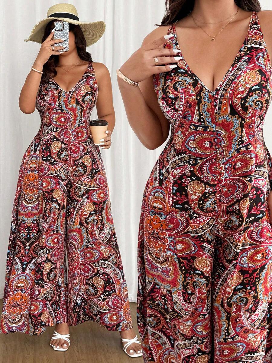 Ceyna Plus Size V-Neck Printed Sleeveless Wide Leg Jumpsuit With Invisible Zipper At Back - Multicolor - View 1