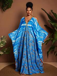 Maweii Plus-Size Women's V-Neck, Large Batwing Sleeve, Blue Floral Print, Loose-Fitting Maxi Dress With A Full Skirt; Suitable For Summer, Vacation, And Casual Wear. - Blue - View 1