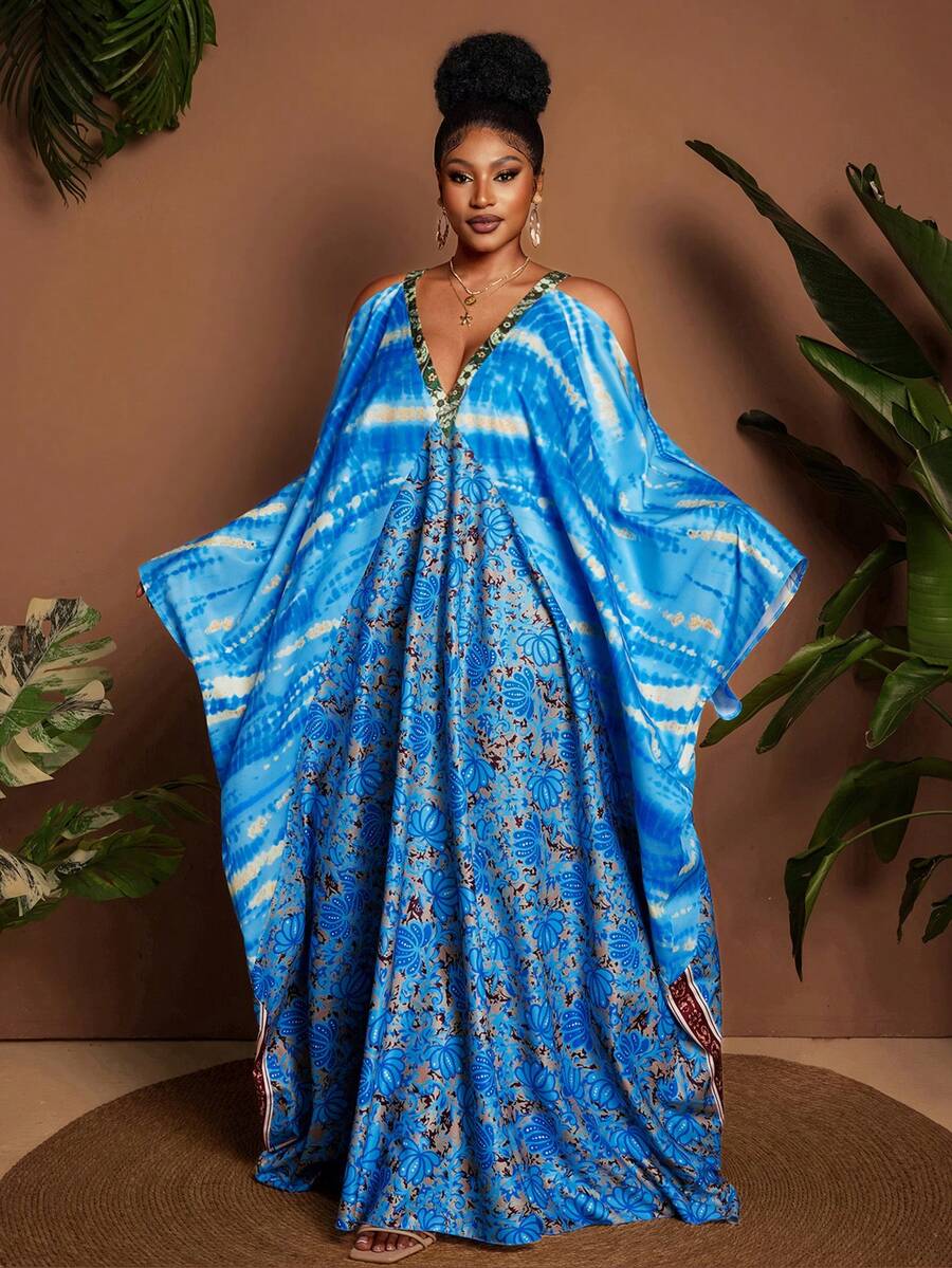 Maweii Plus-Size Women's V-Neck, Large Batwing Sleeve, Blue Floral Print, Loose-Fitting Maxi Dress With A Full Skirt; Suitable For Summer, Vacation, And Casual Wear. - Blue - View 1