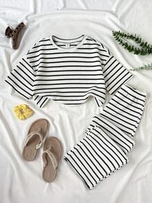 SHEIN Tween Girls' Spring/Summer Coordinated Casual Jacquard Striped T-Shirt And Pants Set - Multicolor - View 2