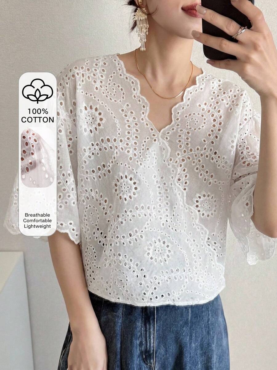 FRIFUL 女款時尚百搭度假鏤空刺繡蕾絲襯衫 夏季 - 白色 - 查看 1