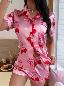 可爱甜美的蝴蝶结、樱桃、爱心印花翻领开衫睡衣套装，女士款，时尚又有趣 - 粉色 - 查看 6