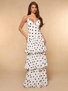 SHEIN BAE Spring Summer Solid White With Black Polka Dots Fitted Multilayer Ruffle Hem Women's Elegant Long Slip Dress, Ruffle Hem Dress Vacation - Black and White - View 5
