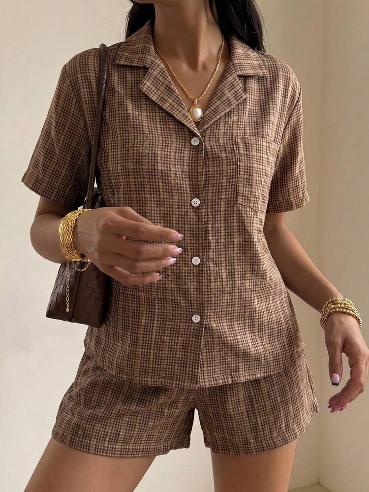 Women's Plaid Single-Breasted Short Sleeve Top And Shorts Casual Loungewear Set