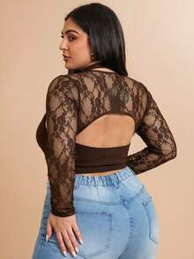 SHEIN BAE Áo cổ yếm ren tương phản màu đen dành cho nữ cỡ lớn - màu nâu - Xem 2
