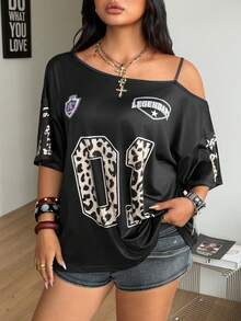 Coolane Women's Plus Size Summer Y2K Hip-Hop Vintage Streetwear Number Pattern Star Pattern Stretchy Asymmetrical Neck Black OverSize Shortsleeve T-Shirt - Black - View 5