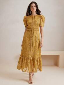 Anewsta Women's Elegant Lace Patchwork Beaded Embroidered Round Neck Short Sleeve Dress - Ginger - View 6